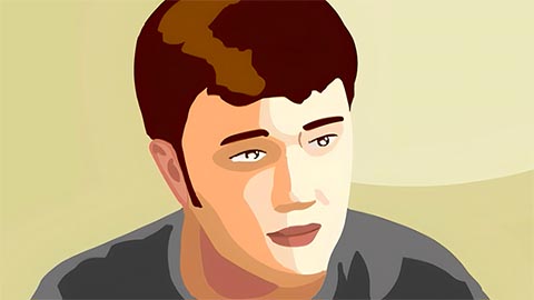 A close-up of a young man's face with a tear in a flat comic-book style rendering